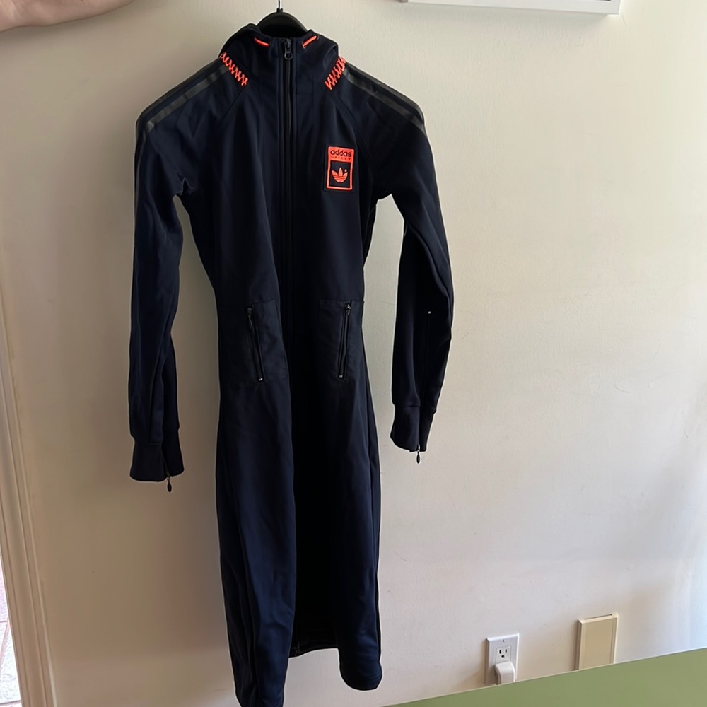 Adidas XS midi dress navy with orange accents. $130
